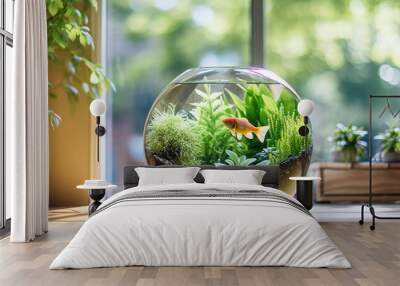 Indoor plants and round aquarium on a cozy window sill Wall mural