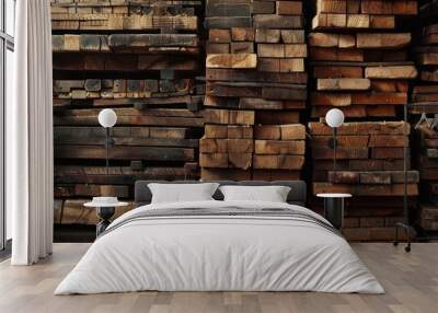 Indoors at a classic sawmill there are tall stacks of timber boards providing a rustic backdrop for any vintage style projects requiring a copy space image Wall mural