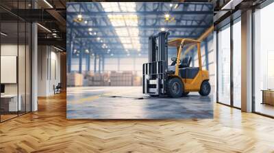 interior of warehouse dock load cargo electric forklift pallet jack with large shipment goods pallet Wall mural