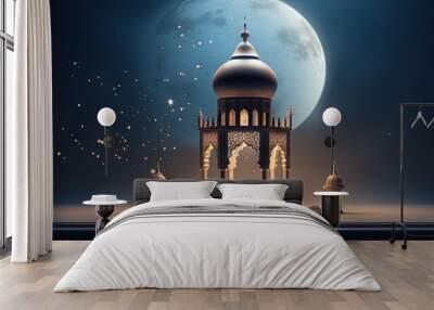 Islamic ramadan kareem display podium background with 3d rendering of arabian lantern and crescent moon. Ramadhan mubarak, isra miraj and eid al fitr concept. Wall mural