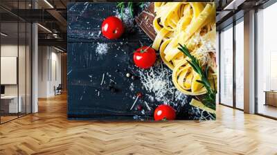 Italian fettuccini pasta with tomatoes cheese and rosemary on a dark wooden surface featuring copy space image Wall mural