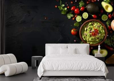 Latinamerican mexican food party sauce guacamole, salsa, chips and tequila on black table. Top view copy space. Wall mural