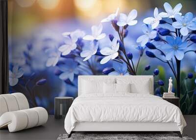 little blue spring flowers are blooming in the garden. Creative banner. Copyspace image Wall mural