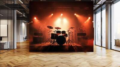 Live drum on stage with spotlights illuminating smoke music and concert background. silhouette concept Wall mural