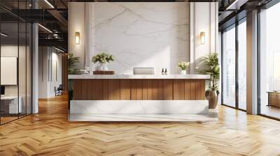 Luxury and elegance beauty salon or office reception area interior design with luxury marble reception counter, armchairs against wood plank wall, white marble wall. 3d render, 3d illustration Wall mural