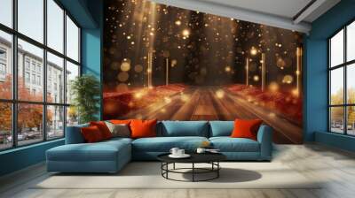 Luxury Red Carpet Entry with Spot Lights Golden Falling Particles Shimmer for show recognition award night. Event Night Concert Celebrity paparazzi Wedding Ceremony, 3D Illustration. 3d illustration. Wall mural