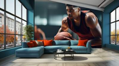 Male basketball players of different backgrounds playing and working out together in a gym Retaining sports activity unity and lifestyle theme empty space Wall mural