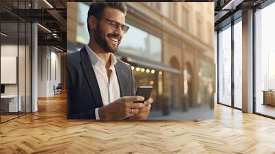 Man talking with client walking and drinking coffee in the city holding coffee to go and speaking on smartphone outdoors copy space Wall mural