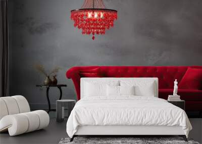 Minimalist interior with a red sofa table stand lamp and luxury chandelier Wall mural