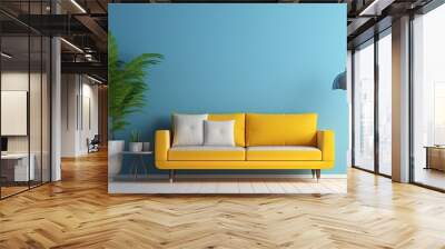 Minimalist room interior,yellow sofa with white lamp and plant on blue wall /3d render Wall mural