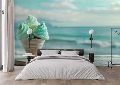 Mint ice cream in wafers displayed on a wooden stand on a table with a blurry sea backdrop in shades of blue Perfect for product advertising with copy space image Wall mural