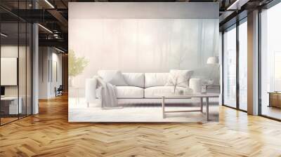 mock up of a white living room with two sofas coffee table big windows carpet and poster seen from the side Wall mural