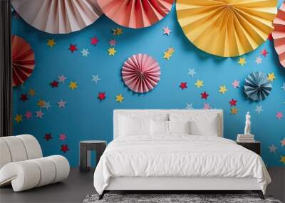 Mockup paper fans and confetti stars in American national colors create a festive banner for USA holidays like Presidents Day Labor Day and Memorial Day with copy space image Wall mural