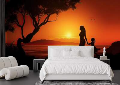 Mother and child silhouette against a sunset Wall mural