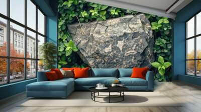 Natural textured background featuring a brown grey granite stone amidst green groundcover with a retro filter effect ideal for copy space image Wall mural