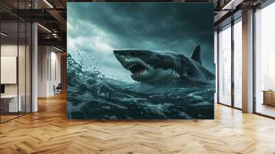 Nice big white shark in the dark with space for text wild ocean life and danger from darkness. Creative Banner. Copyspace image Wall mural