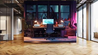 Nighttime studio with cozy style and RGB lighting creates a warm romantic atmosphere and includes work ready equipment Wall mural