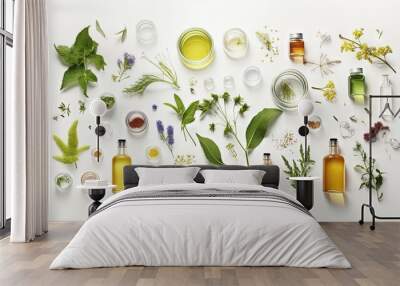 Organic cosmetic product, natural ingredient and laboratory glassware on white background, top view Wall mural