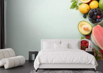 Photo of a colorful assortment of fresh fruits and vegetables arranged in a rectangular shape with copy space Wall mural