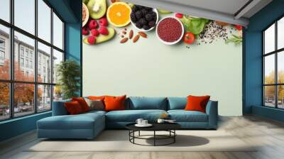 Photo of a colorful assortment of fresh fruits and vegetables on a table with copy space Wall mural