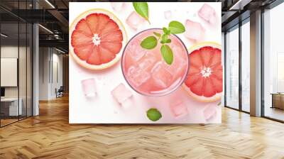 Pink cocktail with vodka, grapefruit and ice, soft cocktail, refreshing summer drink, isolated on white, top view Wall mural