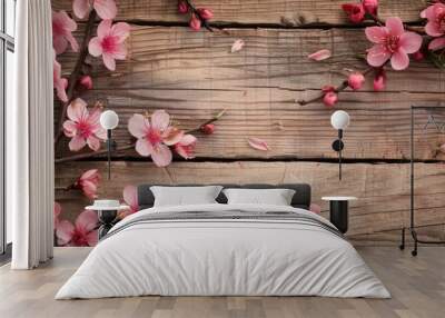 Pink flowers in bloom on twig branches against a wooden backdrop with empty space for text or design. Creative banner. Copyspace image Wall mural