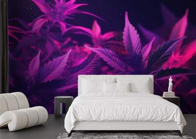 Pink neon lit purple cannabis plants against a dark backdrop Hemp banner with space for text Wall mural