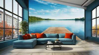 pontoon pier on the lake shore on a beautiful summer day. Creative banner. Copyspace image Wall mural