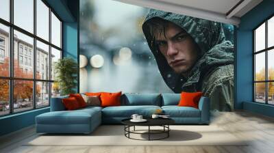 Portrait of a young wet man in a jacket with a hood in the rain on blurred background city street in tsunami close up Bad weather pessimism concept cold autumn unhappy irony people in raincoat Wall mural