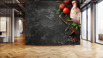 Raw chicken thighs and legs on a rustic table a potential meal or snack with a food background and ample copy space in the top view image Wall mural