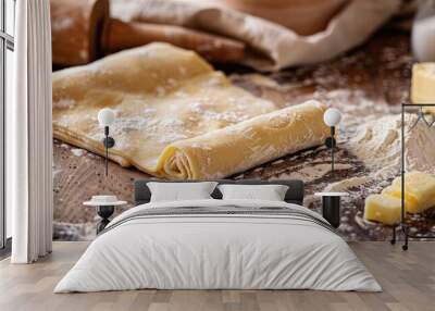 Raw homemade puff pastry dough being rolled with a rolling pin on a table, featuring flour, butter, and a cloth with available copy space image. Wall mural