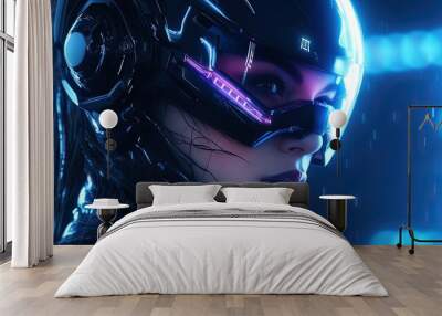 Realistic portrait of a sci-fi neon cyberpunk girl in a cyber suit. High-tech futuristic man from the future. The concept of virtual reality and cyberpunk. 3D render. 3D Illustration Wall mural