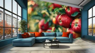 Red apples hanging on the tree and ready for picking. Creative Banner. Copyspace image Wall mural