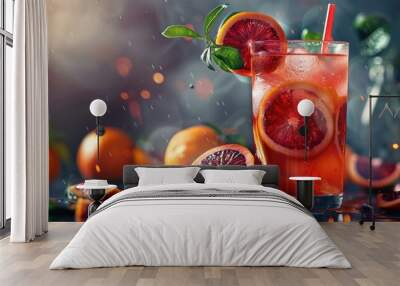 Refreshing detox drink with blood oranges in a glass with a vacant area for image insertion. Creative banner. Copyspace image Wall mural