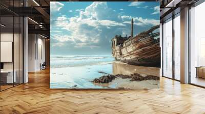 Relic old wooden shipwreck hull uncovered on beach. Creative Banner. Copyspace image Wall mural