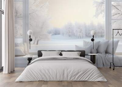 Scandinavian interior design featuring modern furniture in a white room with a winter landscape visible through the window Wall mural