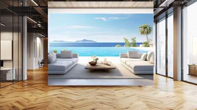 Sea view empty large living room of luxury summer beach house with swimming pool near terrace. Big white wall background in vacation home or holiday villa. 3D Rendering Wall mural