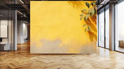 Shadow of leaves on yellow concrete wall texture with roughness and irregularities. Abstract trendy colored nature concept background. Copy space for text overlay, poster mockup flat lay Wall mural