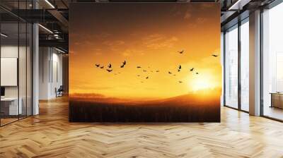 Silhouette cross and birds flying in autumn sunrise meadow background of thanks giving concept Wall mural