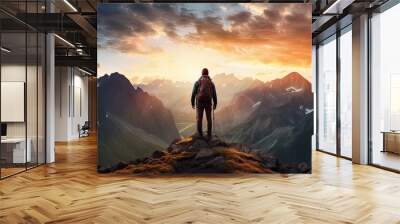 Silhouette of man on cliff enjoying sunset view in mountains during summer Wall mural