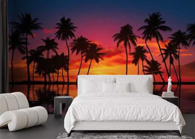 Silhouette of palm trees at tropical sunrise or sunset Wall mural