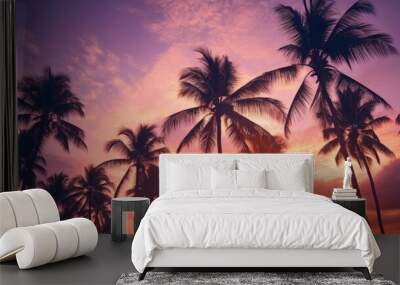 Silhouette Tropical Palm Trees At Sunset - Summer Vacation With Vintage Tone And Bokeh Lights Wall mural