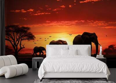 Silhouetted elephant family at sunset Wall mural