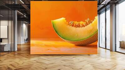 Slice of sweet cantaloupe on a vibrant orange backdrop with ample copy space image Wall mural