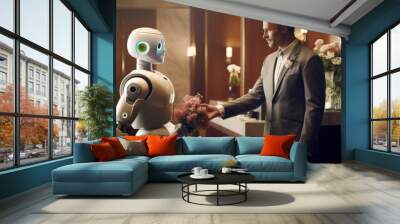 smart hotel in hospitality industry 4.0 technology concept, robot butler (robot assistant) use for greet arriving guests, deliver customer, items to rooms, give information, support variety languages Wall mural