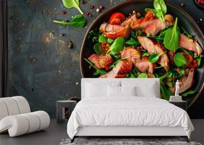 Smoked duck meat salad with natural fresh ingredients placed on a rustic table with a top view for a copy space image Wall mural