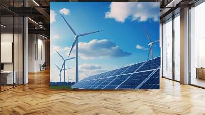 Solar and wind energy depicted with panels and turbines under a sunny sky Copy space image Place for adding text or design Wall mural