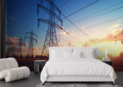 Solar panels with electricity pylon and sunset. Clean energy concept. power alternative Wall mural