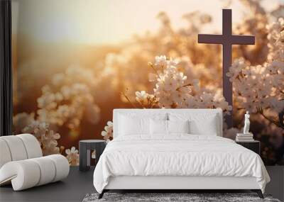 Spring blossoms forest sunset and Christian cross Wall mural