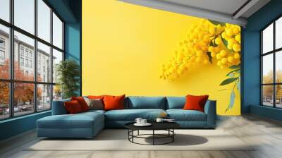 Springtime macro of a mimosa flower with a yellow hue isolated pastel background Copy space Wall mural